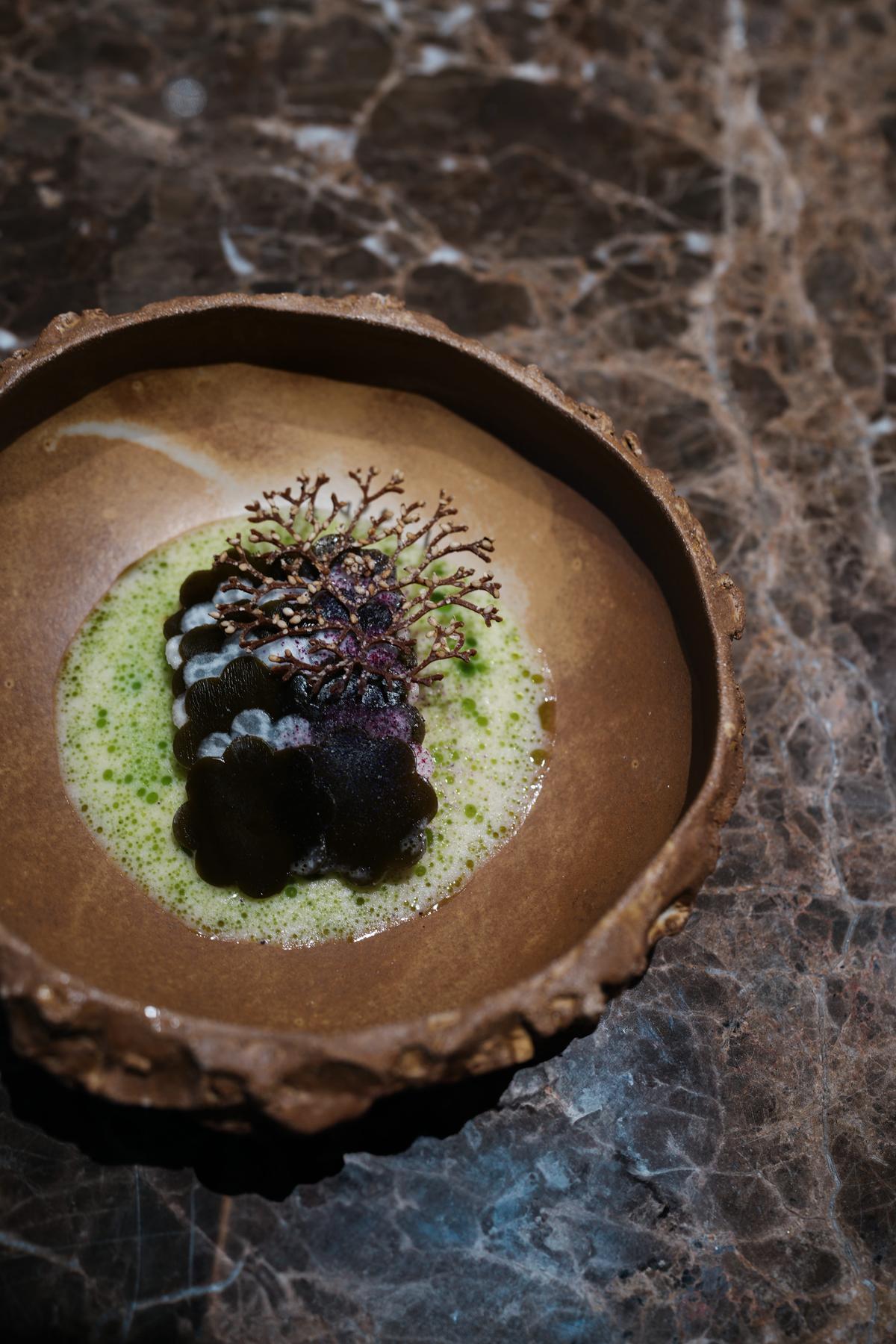 Dessert with a lace butterfly tuile on stone-fired ceramic, MYBA 2024