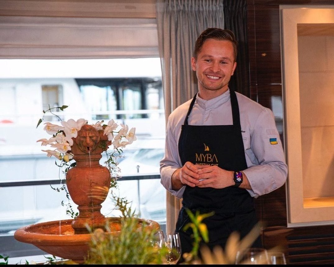 Chef Mykhailo onboard in MYBA chef whites